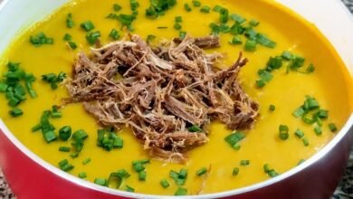 Caldo de abóbora cremoso com carne seca desfiada e cebolinha por cima, servido na panela vermelha